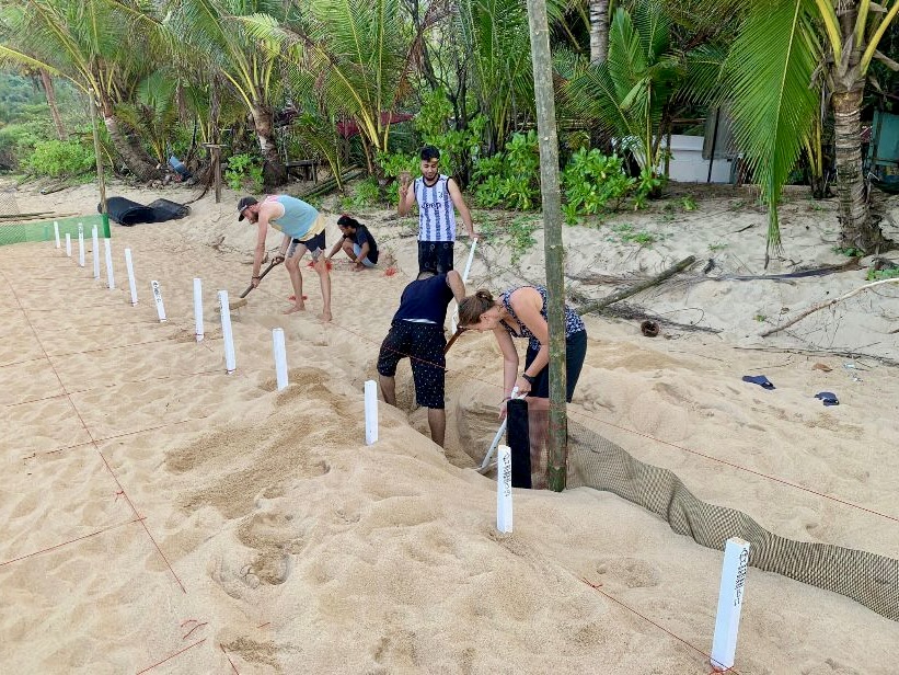 Juara Turtle Project volunteers digging a trench to build a hatchery